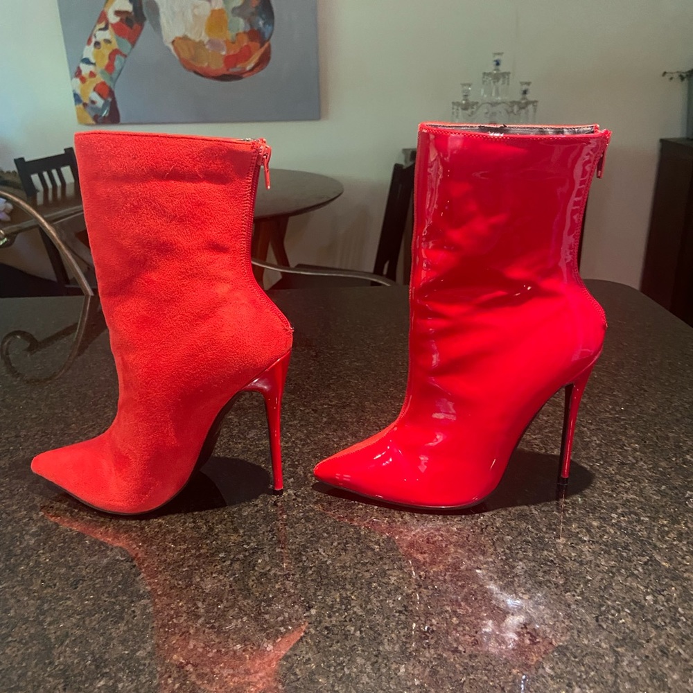 Red pleather & suede high heeled ankle boots